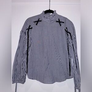 Blue and white stripe blouse with ribbon detail